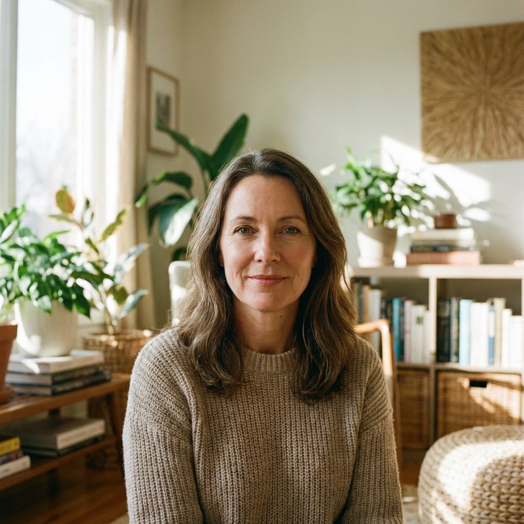 Mulher sorrindo levemente em um ambiente acolhedor, pronta para ouvir