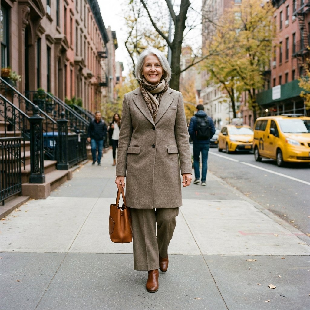 Mulher madura caminhando confiante na cidade