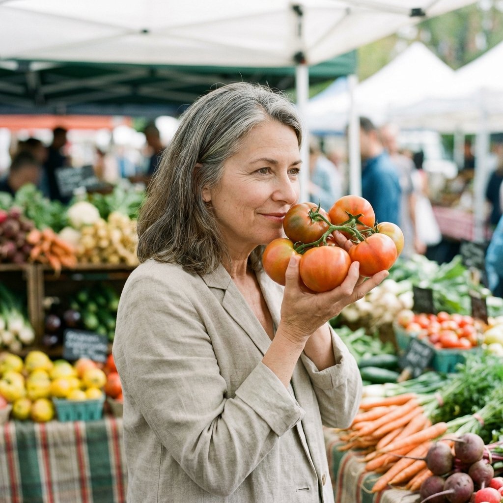 Mulher escolhendo alimentos frescos