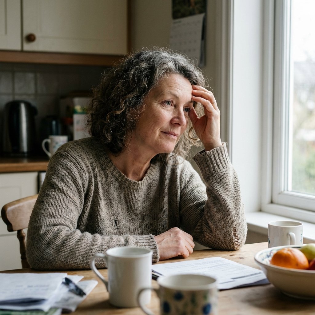 Mulher pensativa na cozinha