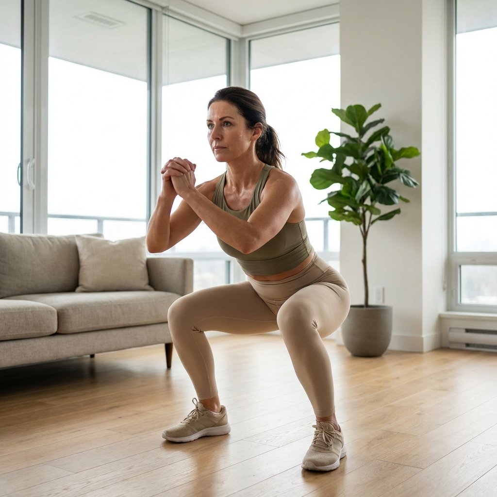 Mulher 40+ fazendo treino funcional em casa