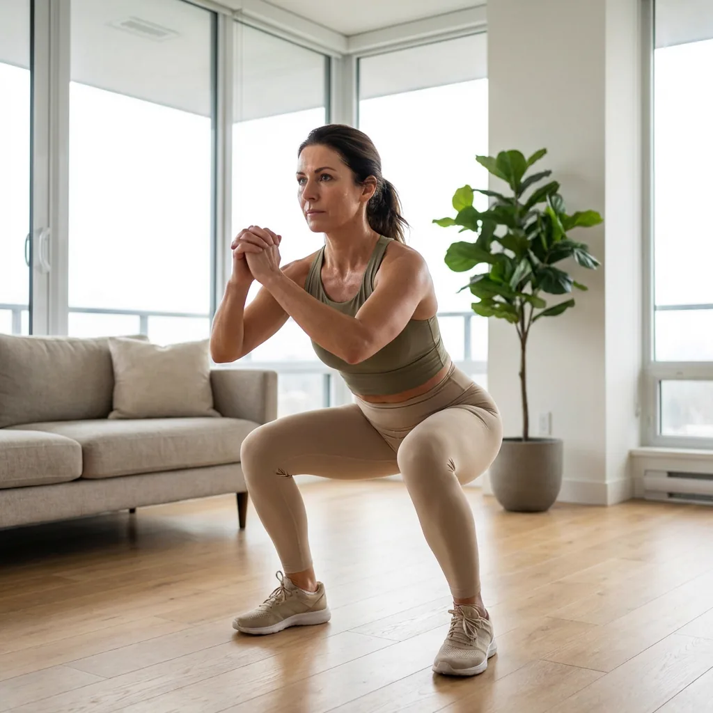 Mulher 40+ fazendo treino funcional em casa