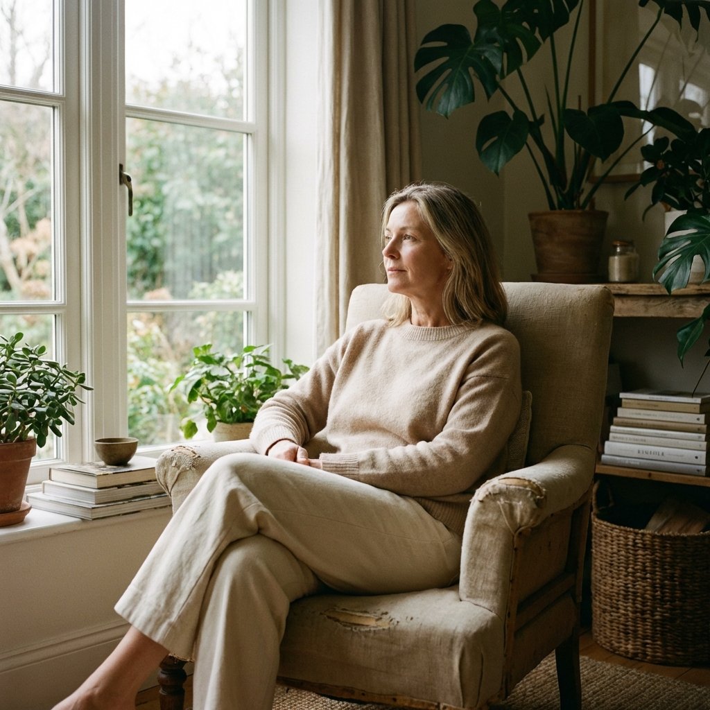 Mulher pensativa na janela, refletindo sobre sua jornada