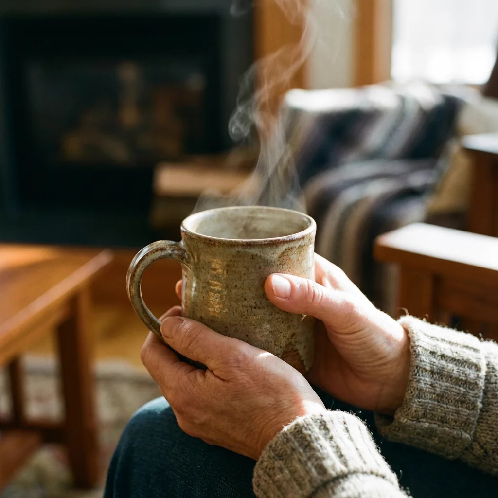 Mãos segurando chá quente, simbolizando pausa e conforto