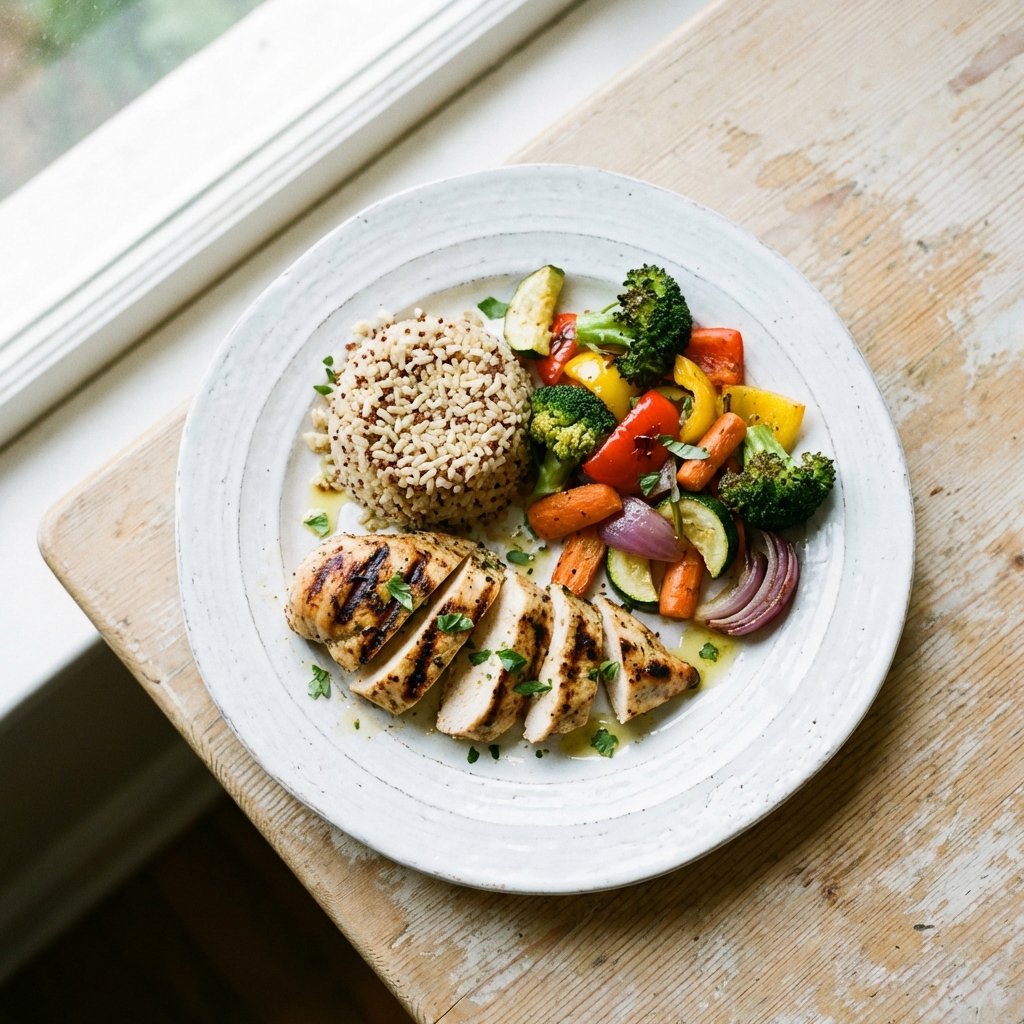 Refeição equilibrada com proteína, vegetais e grãos integrais