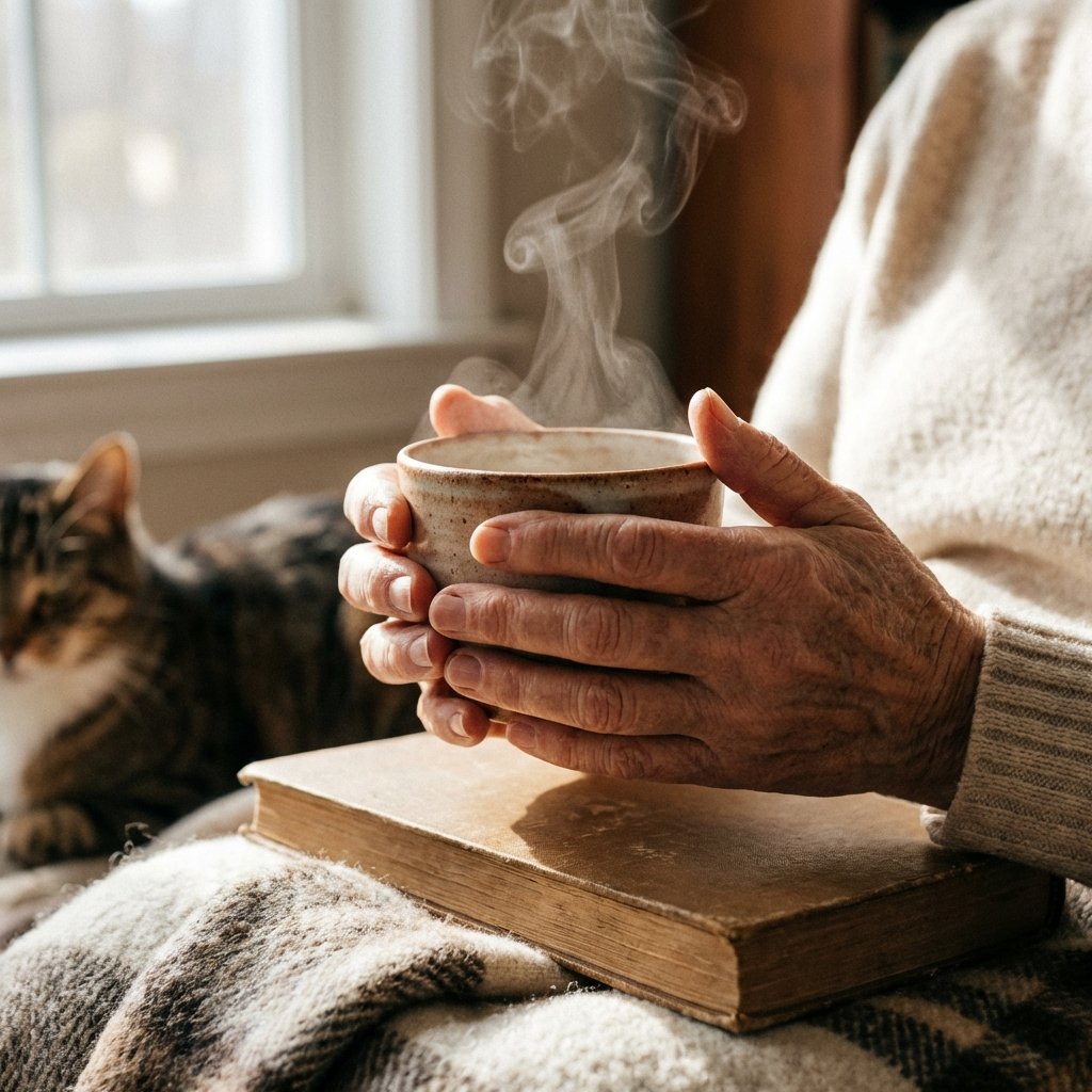 Mãos de uma mulher segurando uma xícara de chá durante um momento de pausa