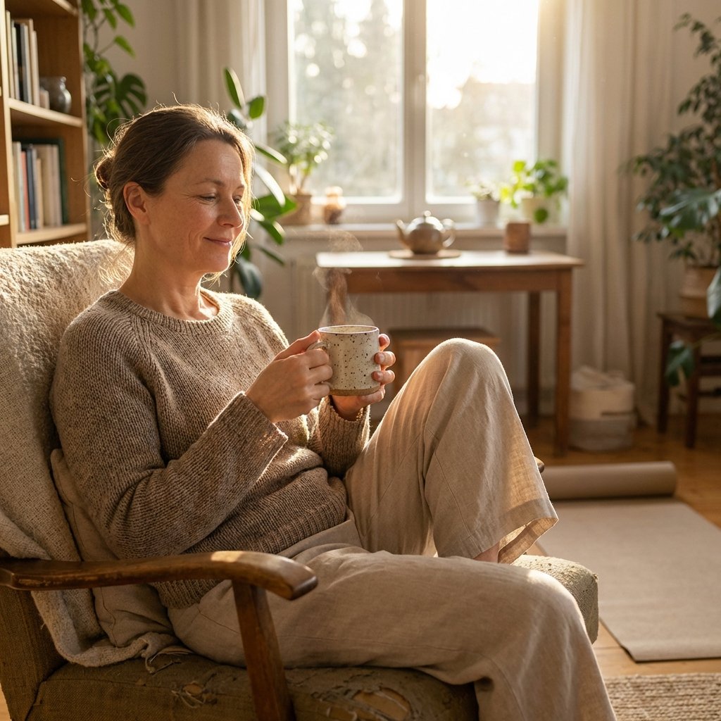 Mulher em paz segurando xícara de chá pela manhã